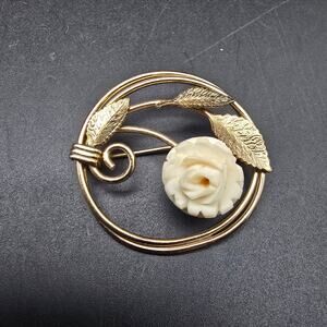 AMCO 14K Gold Filled Cream Flower Brooch Vintage Costume Jewelry
